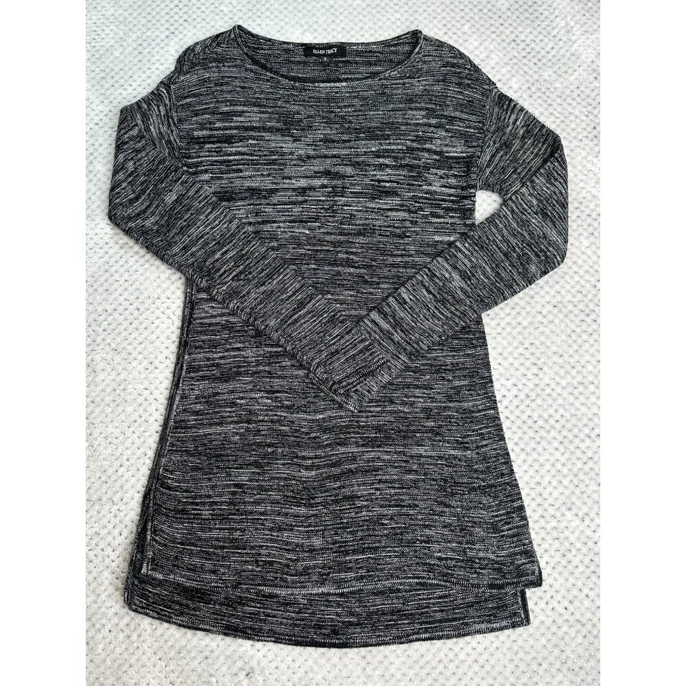Ellen Tracy Womens Long Sleeve Knit Tunic Top Size Small Black White Fitted